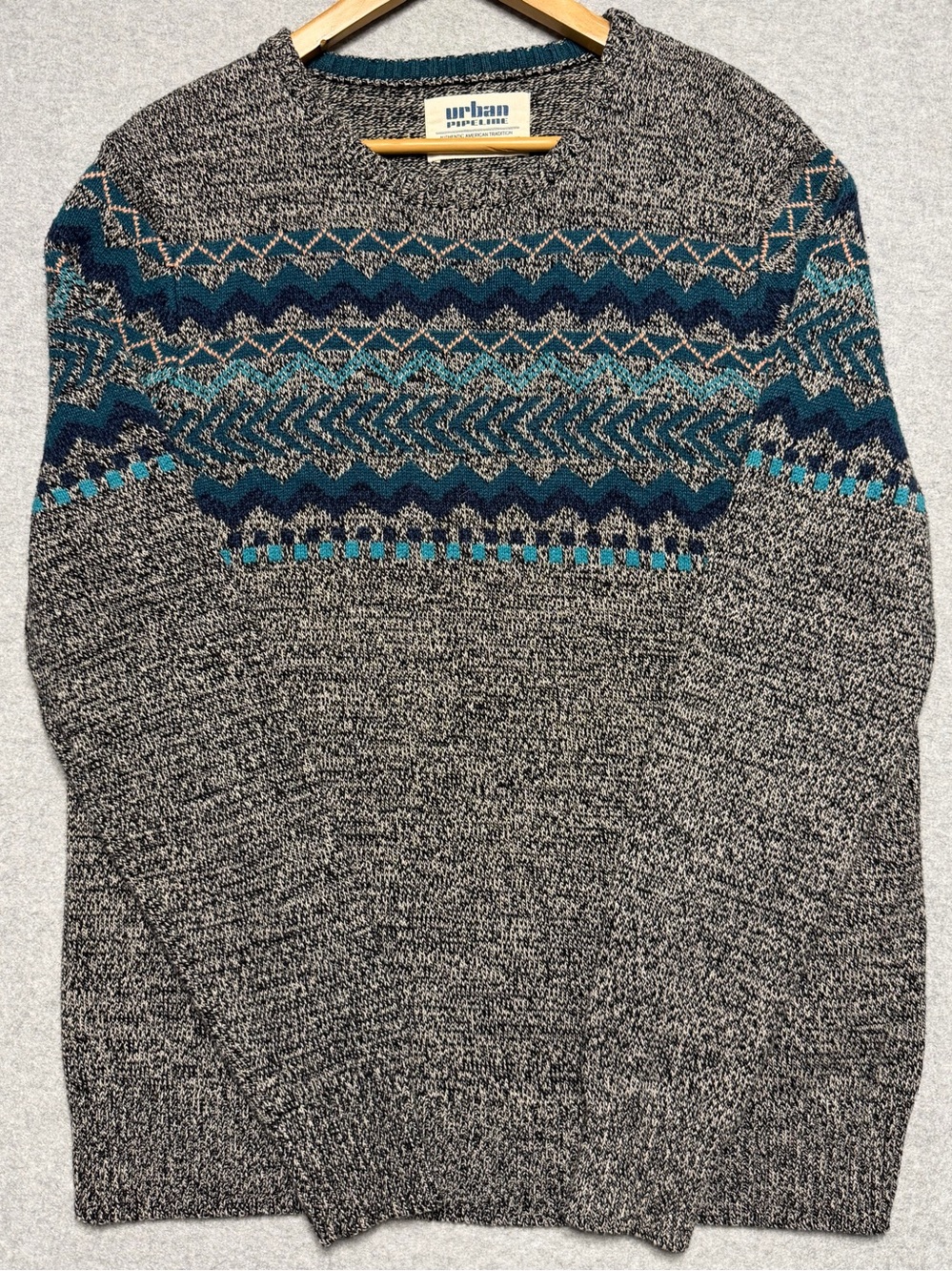 Urban Pipeline Mens XL Fair Isle Sweater Marled Geometric Teal Crewneck Knit